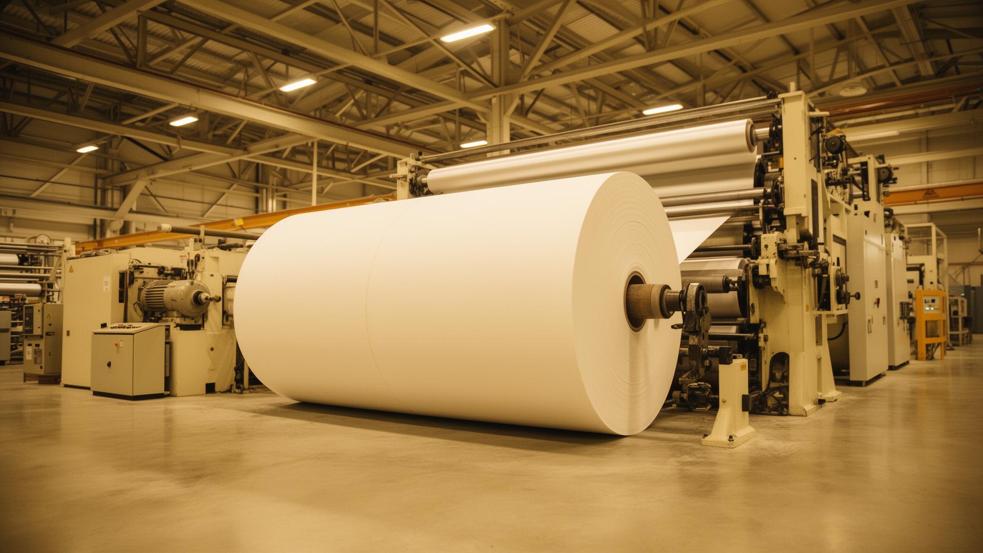 Inside the Sana Paper mill, a jumbo mother roll on the converting line